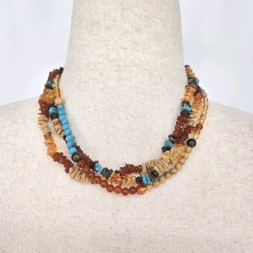 Multi Strand Beaded Necklace Turquoise Amber Brown Southwestern Boho Lobster